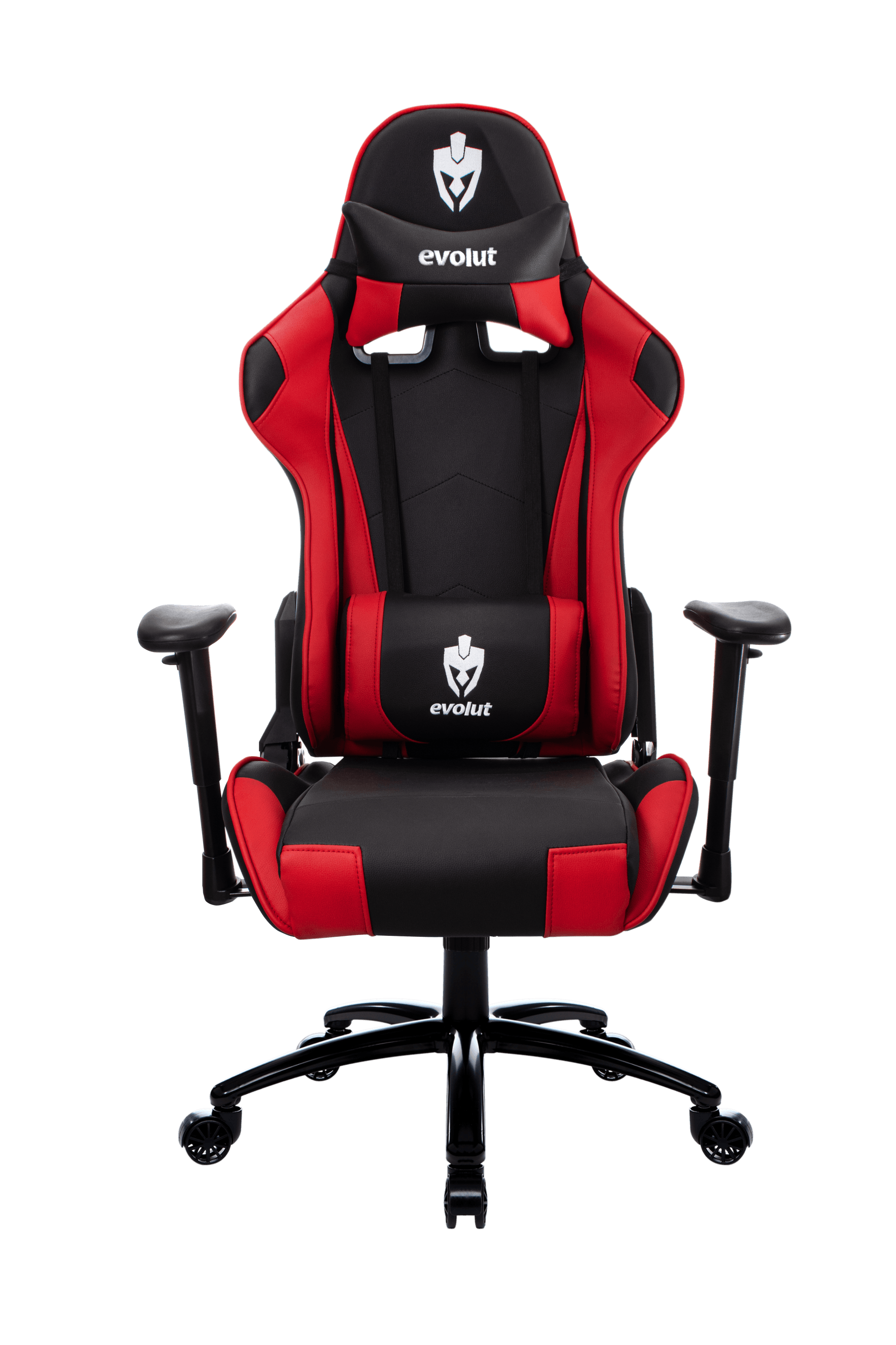 Cadeira gamer vermelha e preta com encosto de cabeça, apoios de braço e base com cinco rodas.