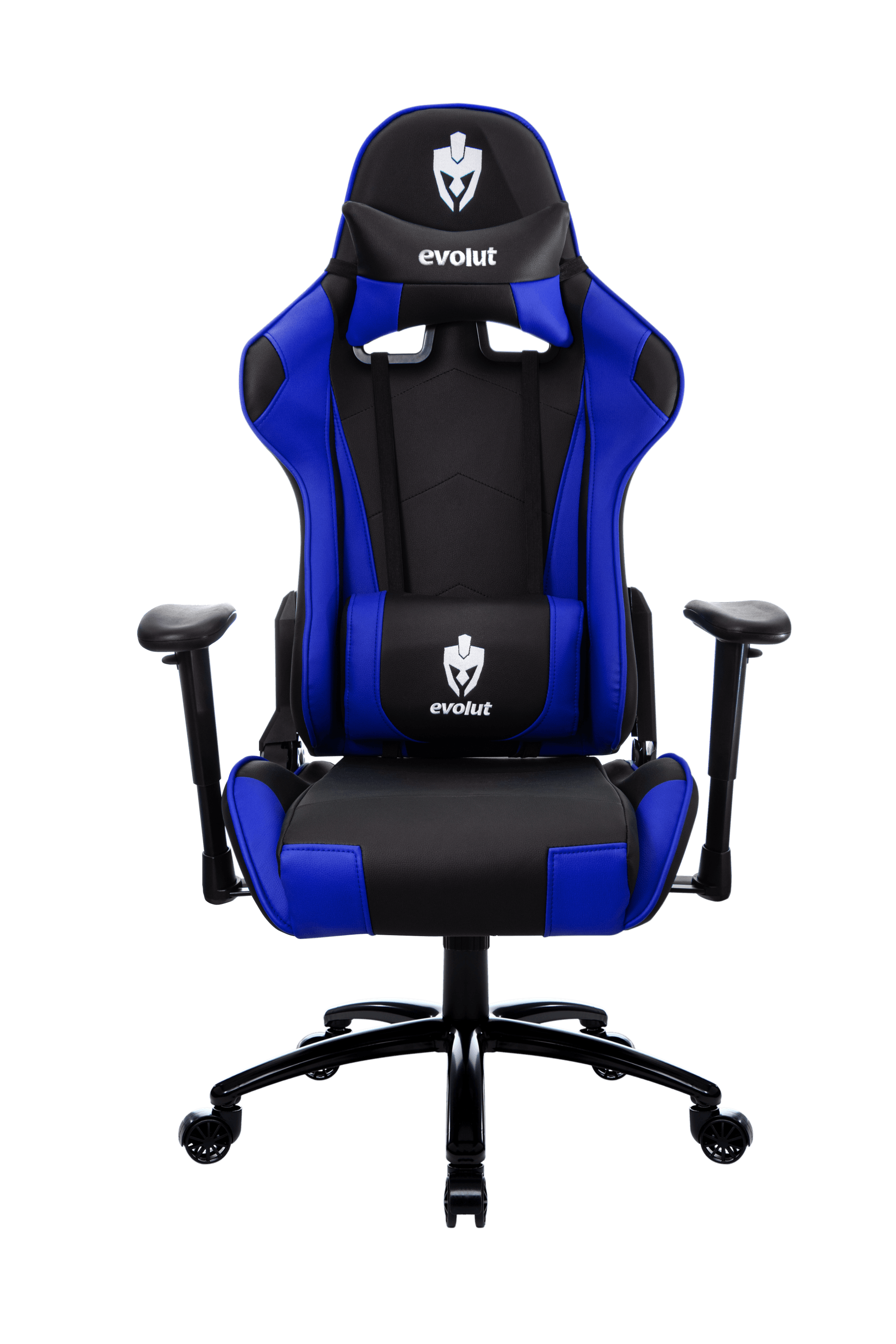 Cadeira gamer azul e preta com apoio de cabeça e almofada lombar.