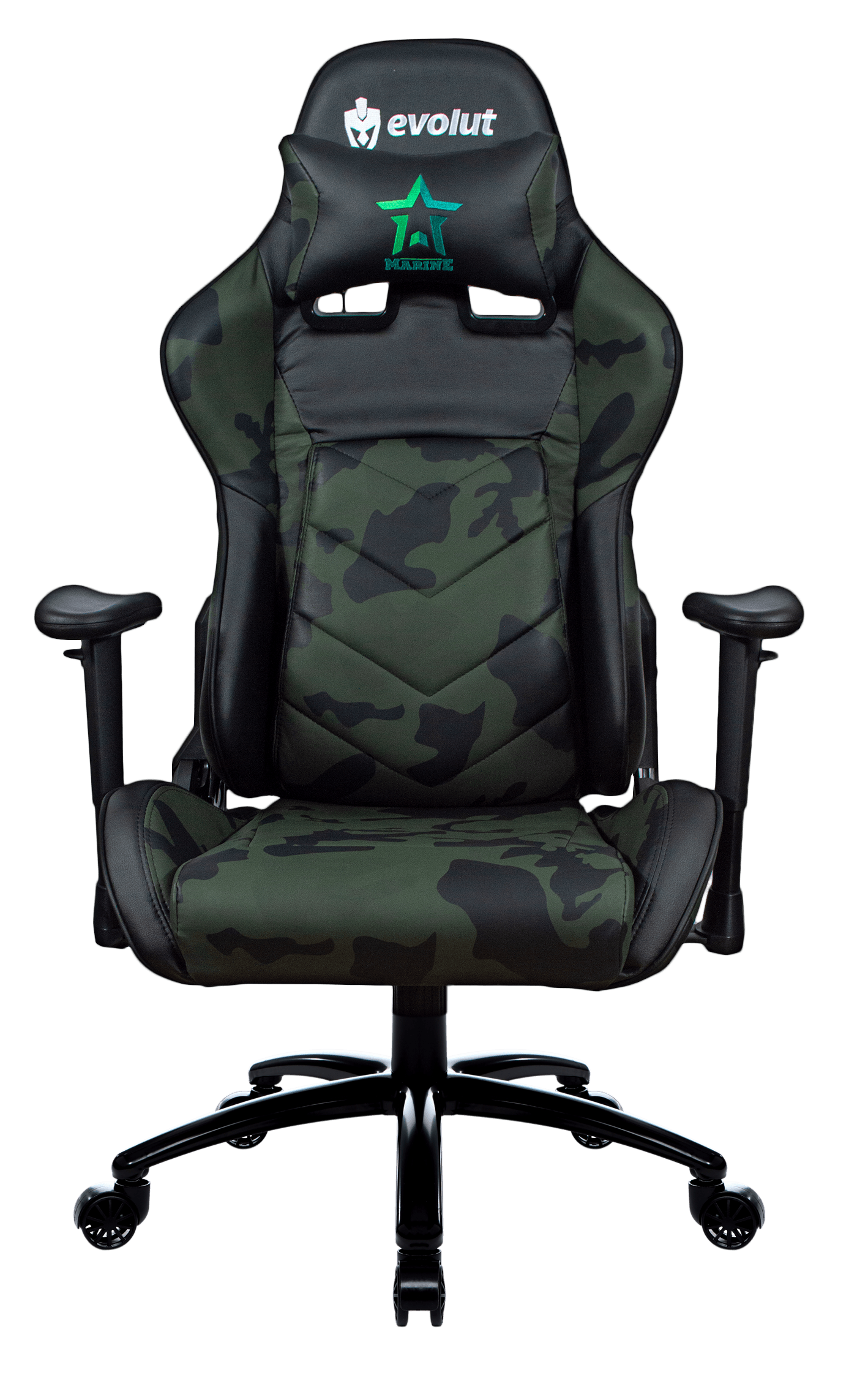 Cadeira gamer com estampa camuflada verde, detalhes em preto e logotipo no encosto de cabeça.