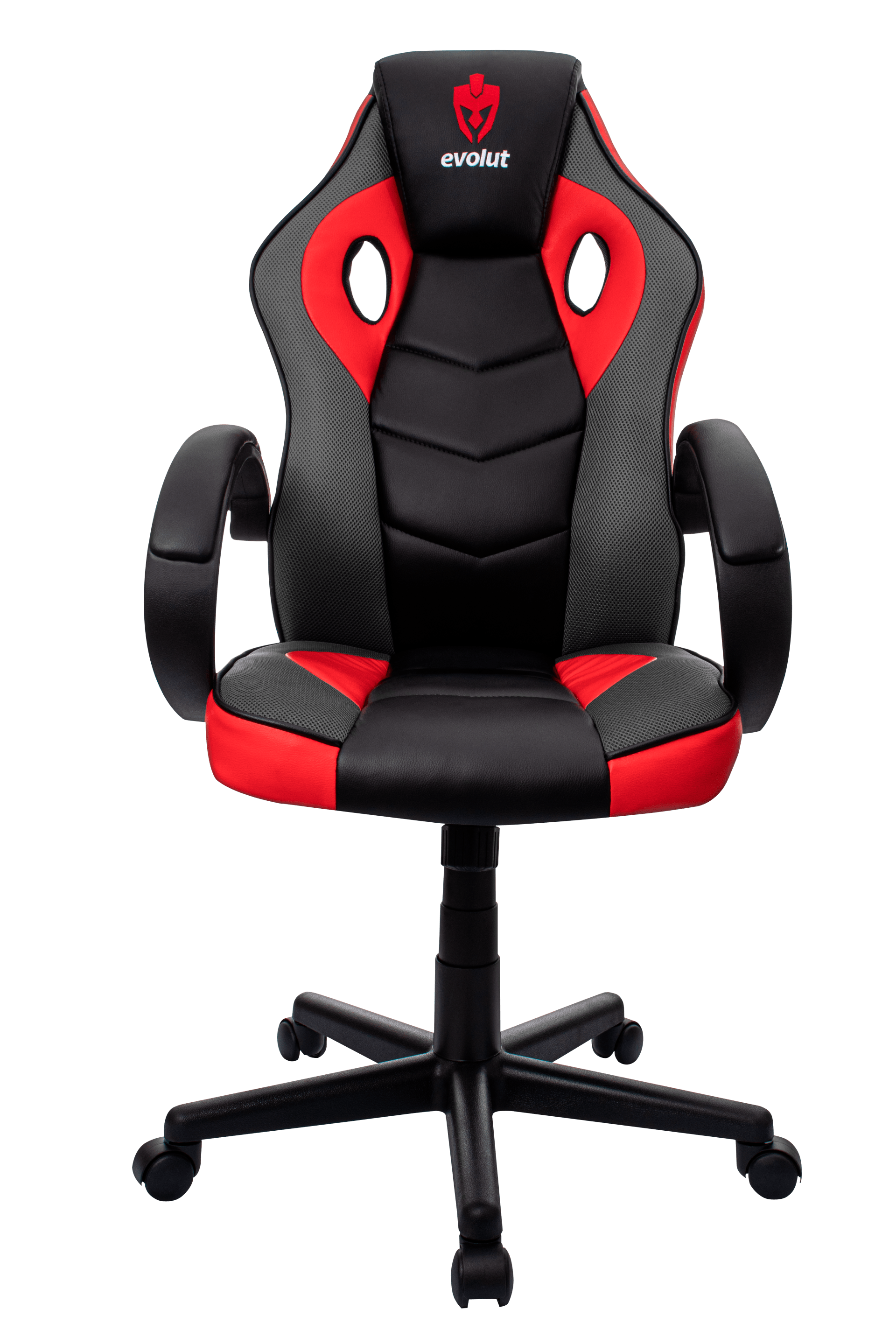 Cadeira gamer vermelha e preta com apoio de braços e base de cinco estrelas.