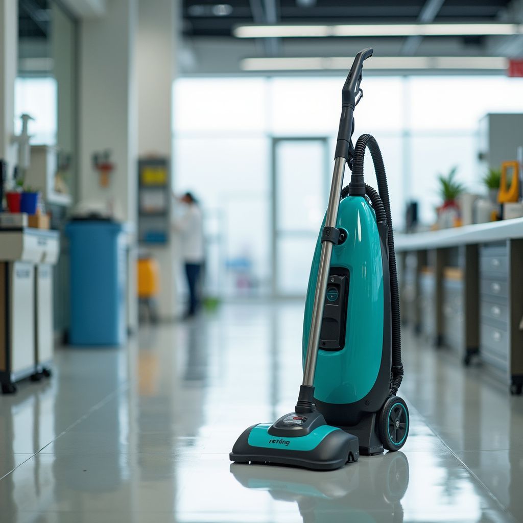 Aspirador de pó vertical nas cores verde-azulado e preto em um ambiente de laboratório.