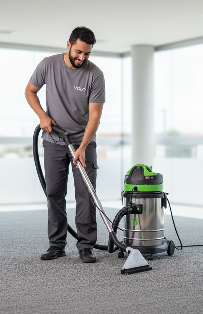 Homem usando uma lavadora de carpetes em um escritório. Máquina prateada e verde, uniforme cinza, sorrindo.
