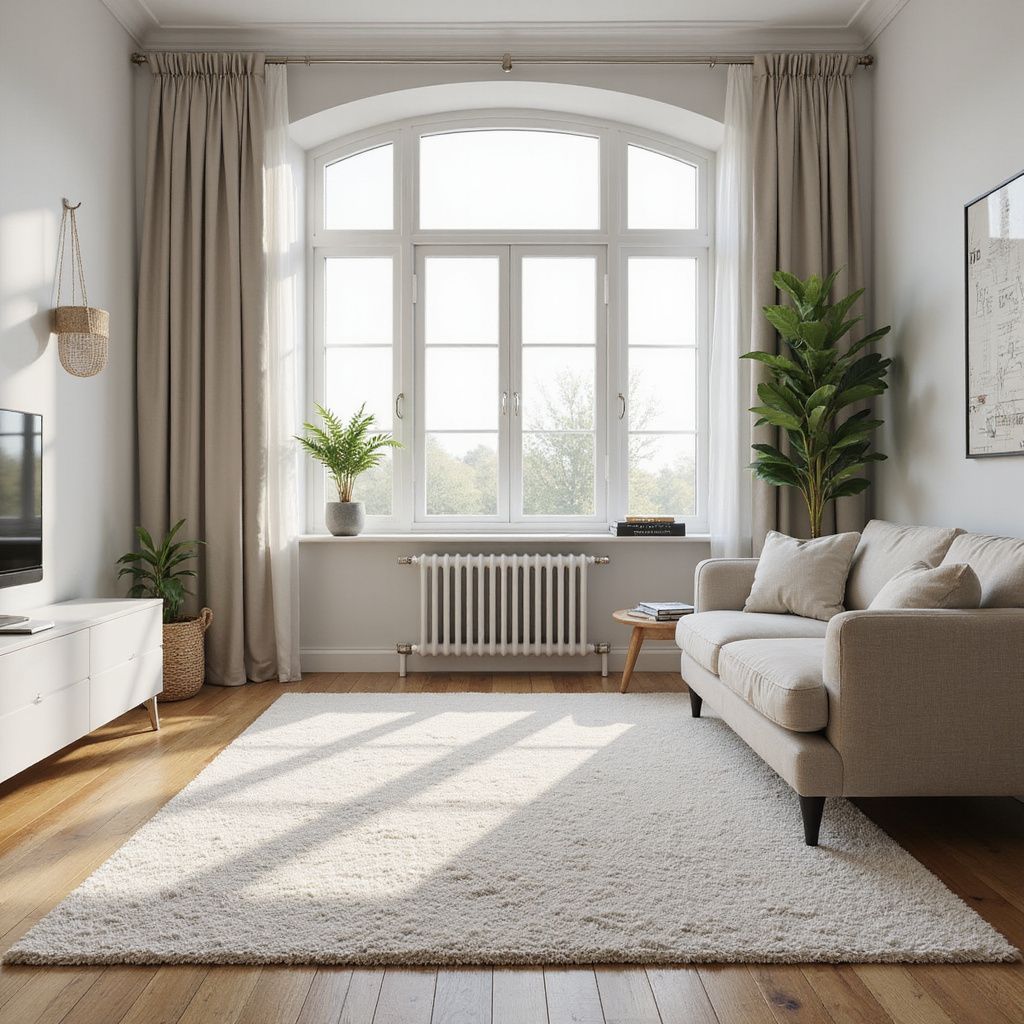 Sala de estar aconchegante com janela grande, sofá cor creme e tapete felpudo.