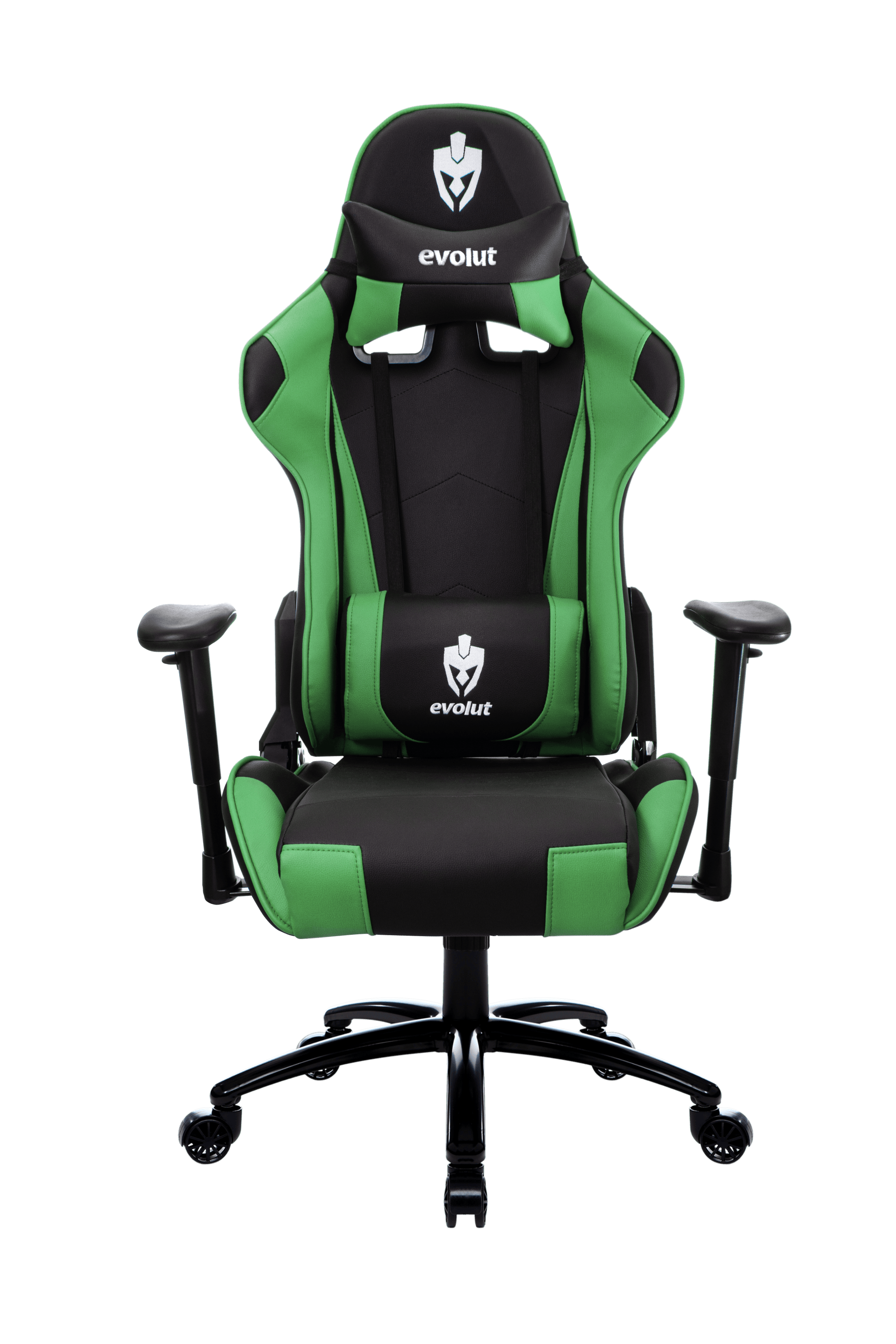 Cadeira gamer verde e preta com apoio de cabeça e suporte lombar.