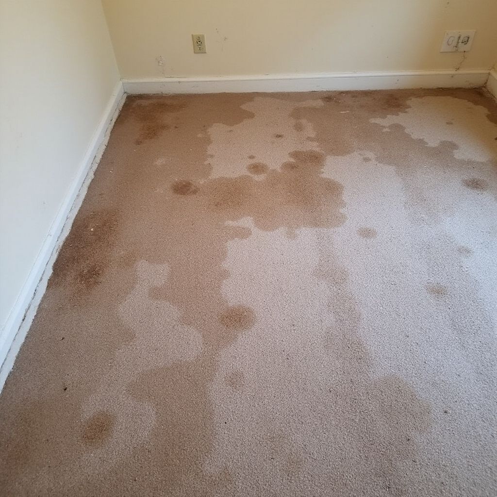 Tapete bege com manchas marrons em um quarto com paredes e rodapés brancos.