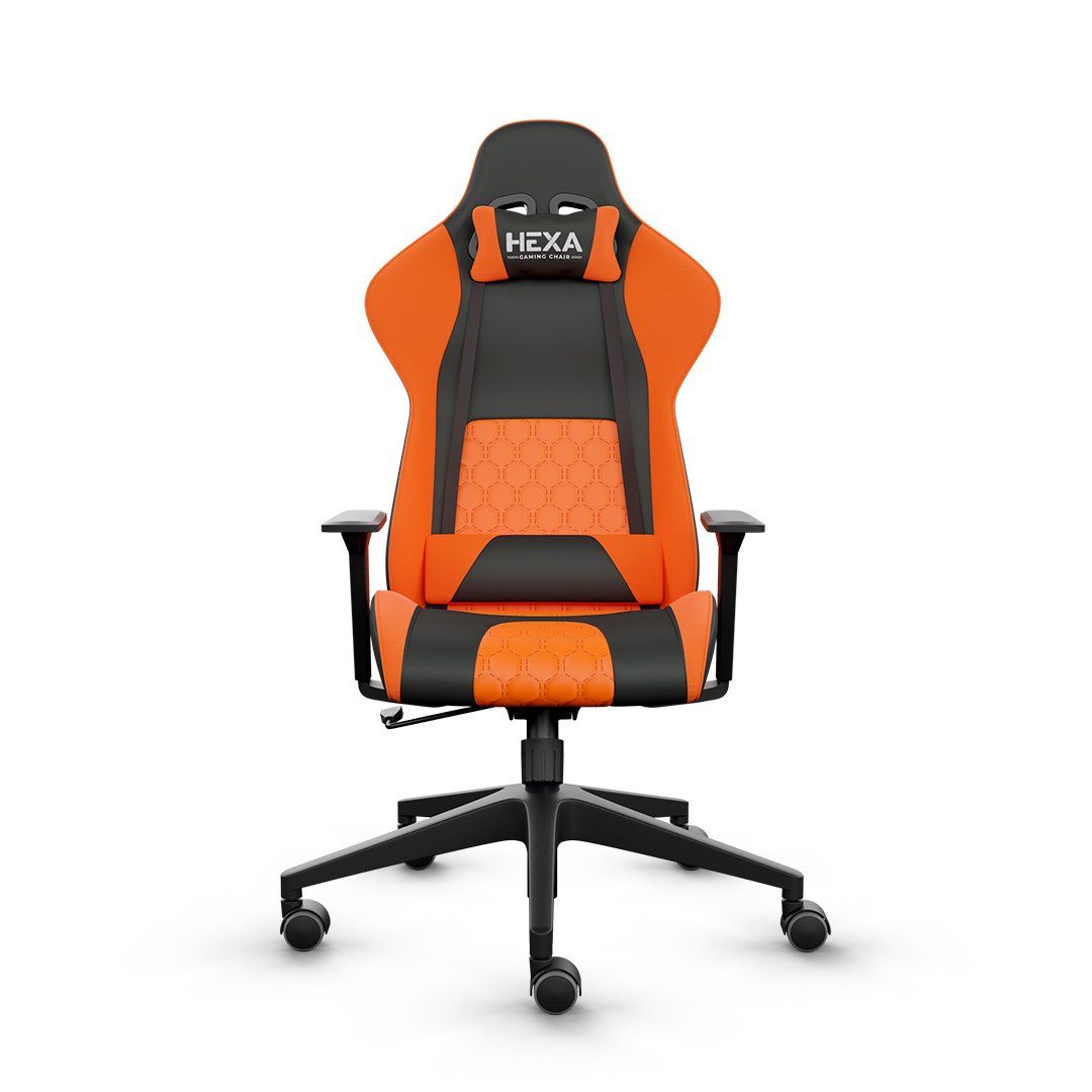 Cadeira gamer laranja e preta com o logotipo 