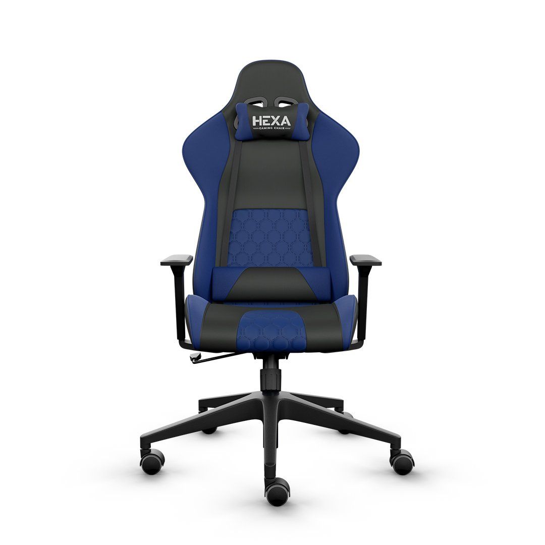 Cadeira gamer azul e preta com o logotipo 