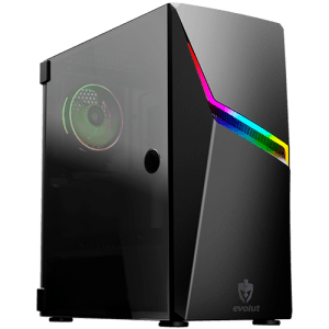Gabinete preto para PC gamer com iluminação RGB na parte frontal e ventoinha visível através do painel lateral.