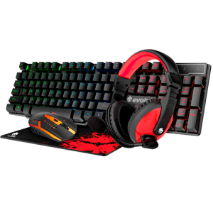 Teclado, mouse, fone de ouvido e mousepad para jogos em um setup gamer. Esquema de cores preto e vermelho.
