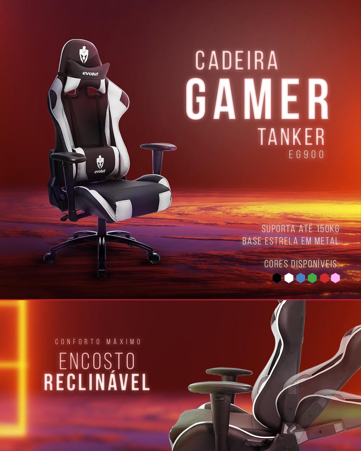 Cadeira gamer, design preto e branco, reclinável, com a inscrição 