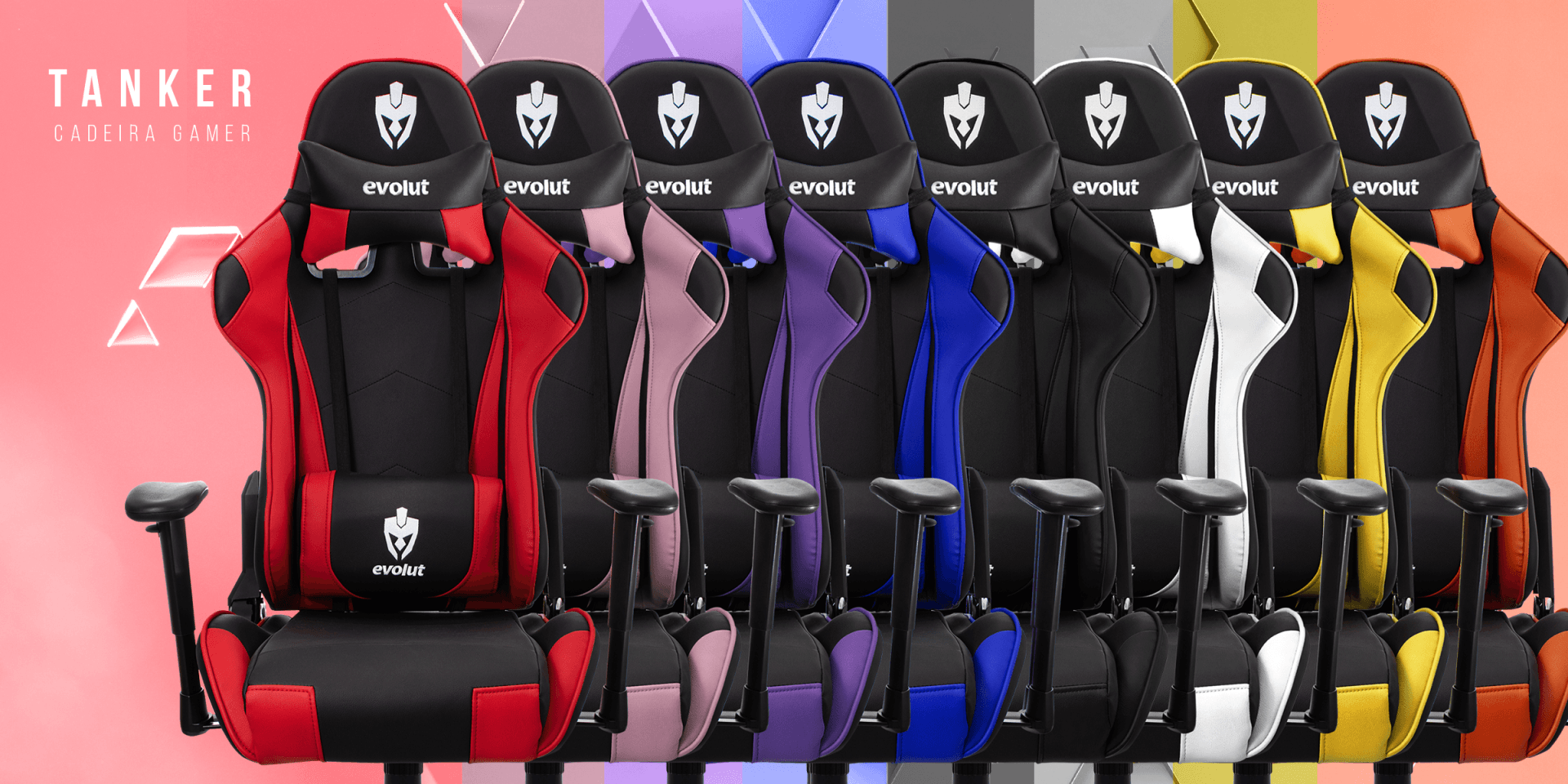 Cadeiras gamer em diversas cores, incluindo vermelho, rosa, roxo, azul, preto, branco, amarelo e laranja, dispostas em fila.