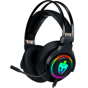 Fone de ouvido gamer preto com luzes RGB.