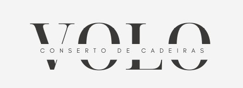 Logotipo da Volo, empresa de reparação de cadeiras, em cinza escuro sobre fundo cinza claro.