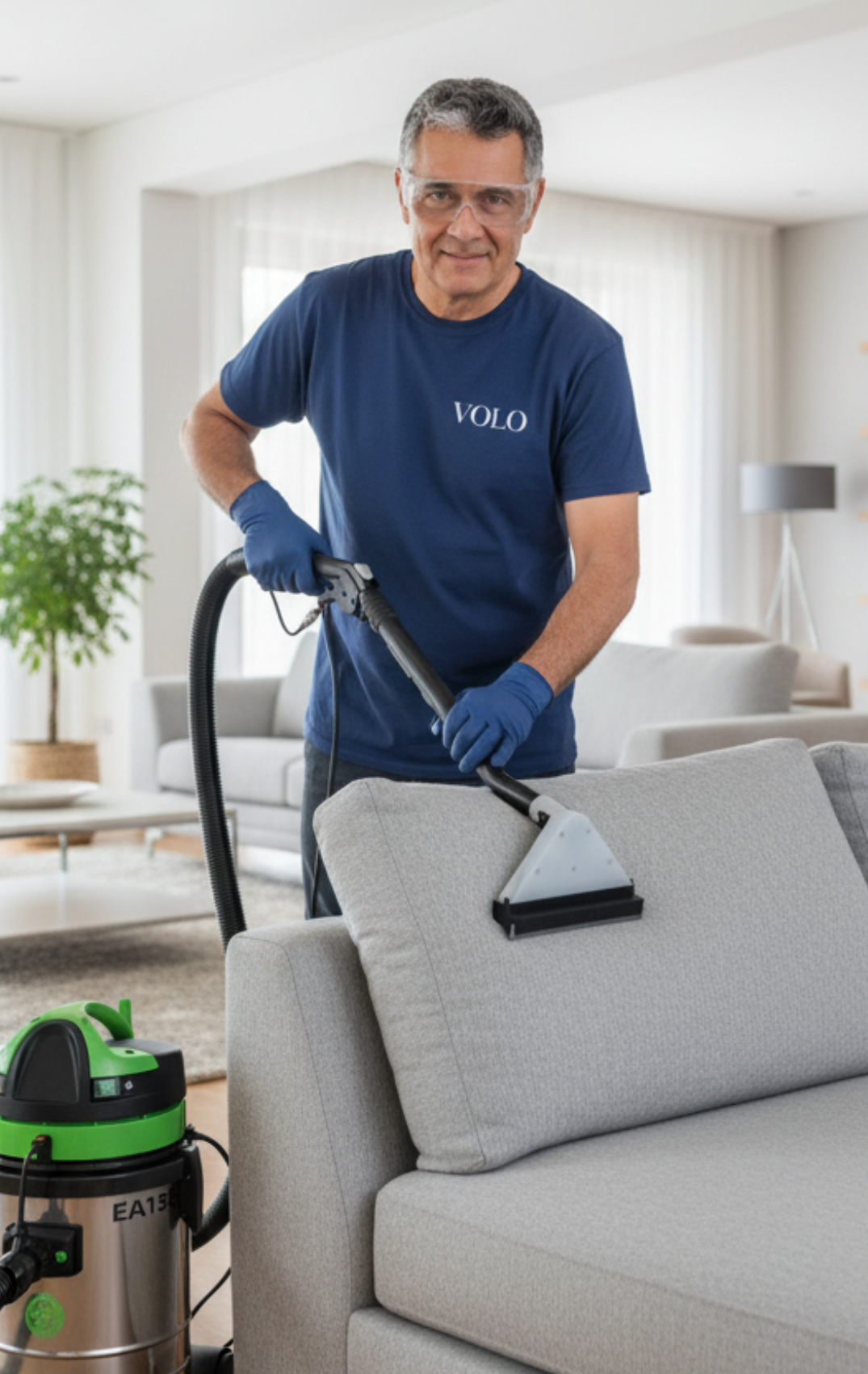 Homem usando uma lavadora de carpetes em um escritório. Máquina prateada e verde, uniforme cinza, sorrindo.