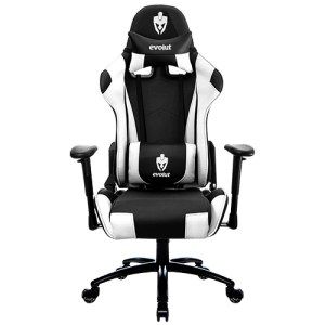 Cadeira gamer Evolvet preta e branca com apoio de cabeça e almofada lombar.