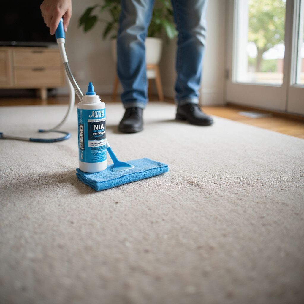 Pessoa utiliza ferramenta de limpeza de carpetes com solução de limpeza em um carpete bege em ambiente interno.