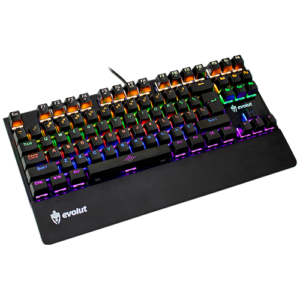 Teclado mecânico Evolut preto com teclas retroiluminadas em cores do arco-íris e visualização em ângulo.