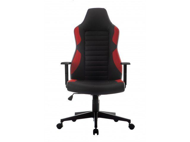 Cadeira gamer preta e vermelha com encosto alto, apoios de braço e base com cinco rodas.