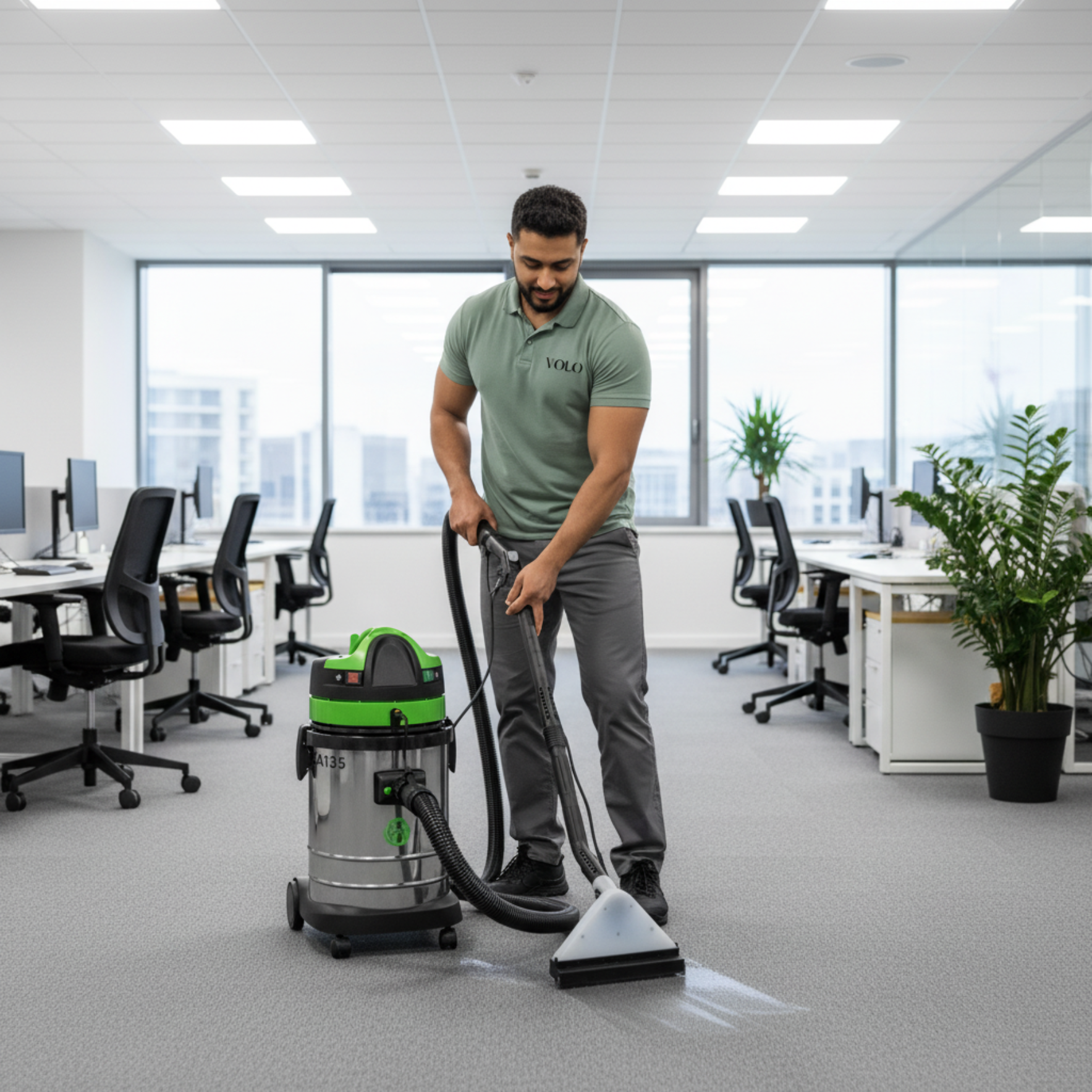 Homem aspirando o carpete de um escritório com uma máquina de limpeza verde e prateada.