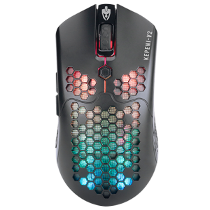 Mouse gamer preto com design RGB em formato de colmeia e dois botões laterais. Texto 