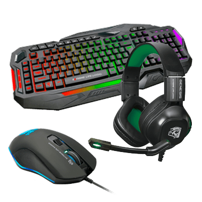 Teclado, mouse e fone de ouvido para jogos; todos pretos com luzes LED coloridas.