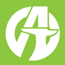 Green square logo with a white circular emblem and stylized star-like shape in the center
