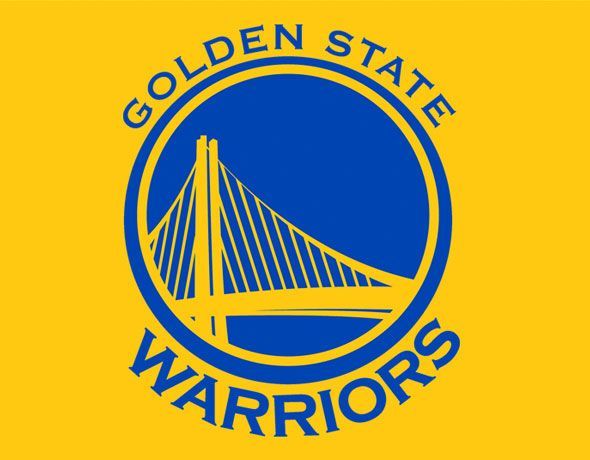 Golden State Warriors logo on a yellow background, featuring a blue bridge in a circular emblem