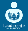 Leadership San Francisco logo with city skyline inside a person icon on a blue background