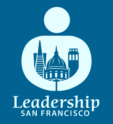 Leadership San Francisco logo with city skyline inside a person icon on a blue background