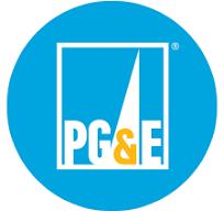 PG&E logo in a blue circle with white and gold lettering and a white frame