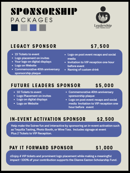 Blue “Sponsorship Packages” flyer listing Legacy, Future Leaders, In-Event Activation, and Pay It Forward tiers with prices.