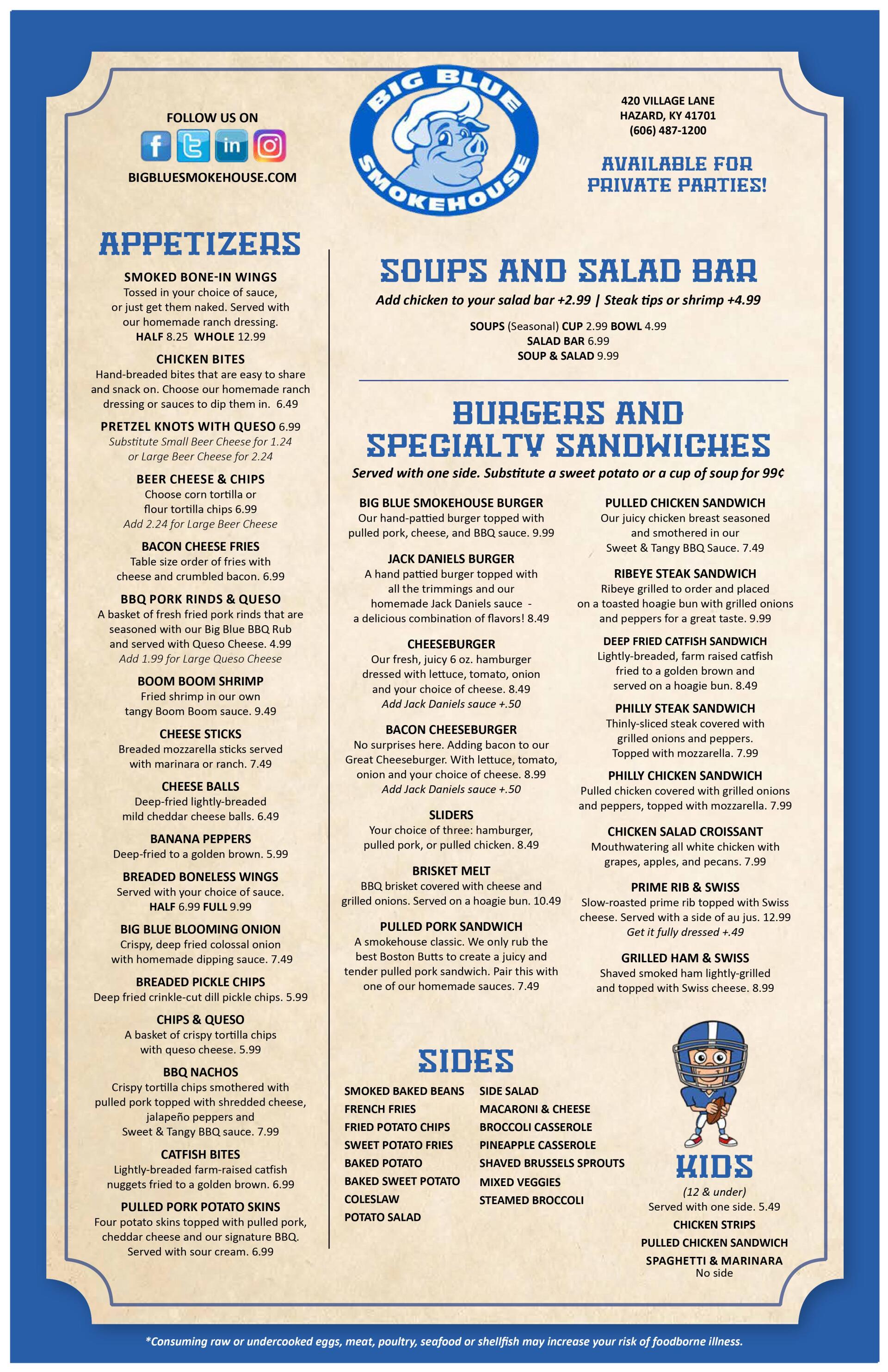 Bbq Menu Hazard, KY Big Blue Smokehouse