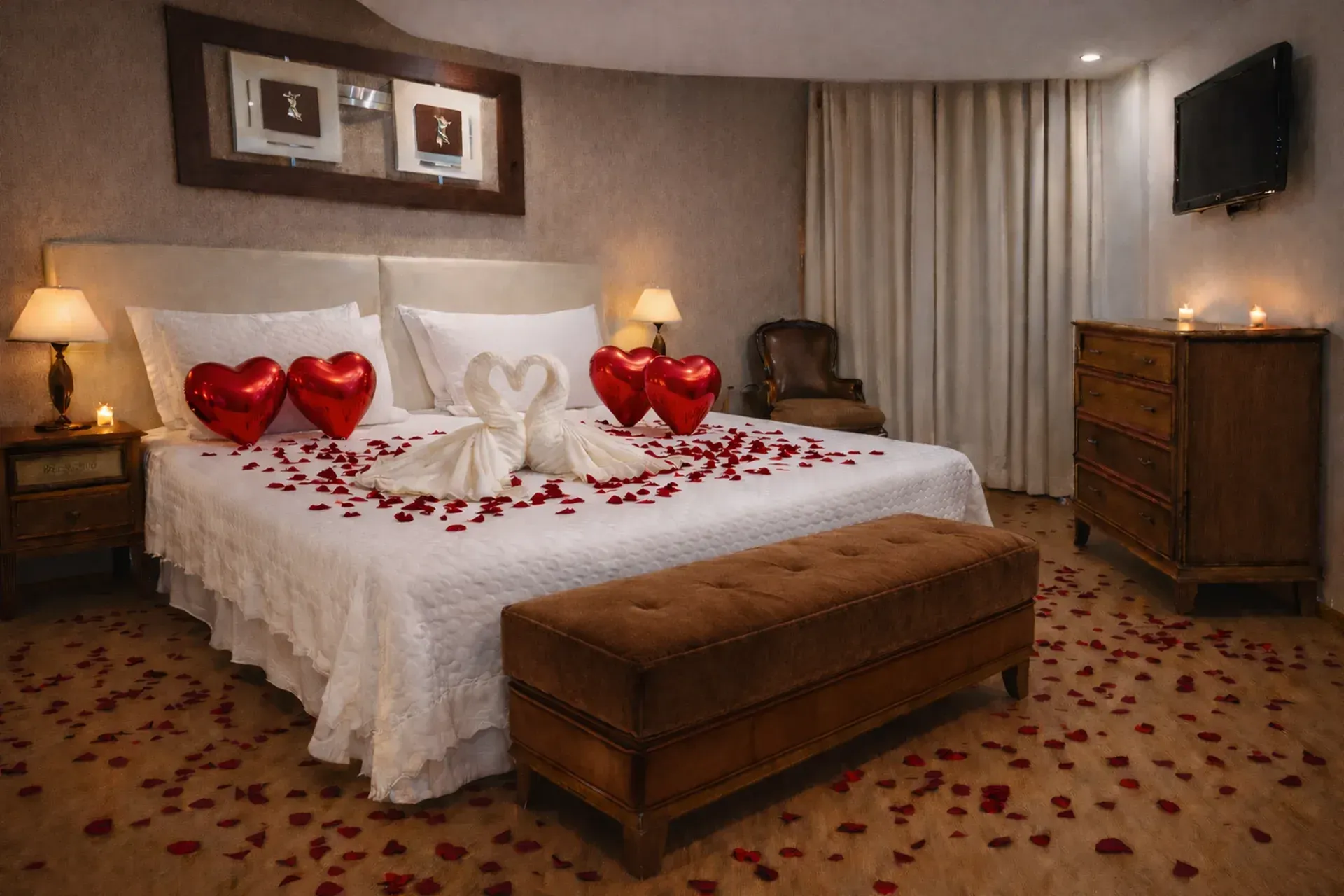 Quarto romântico decorado com balões vermelhos em formato de coração e pétalas de rosa.