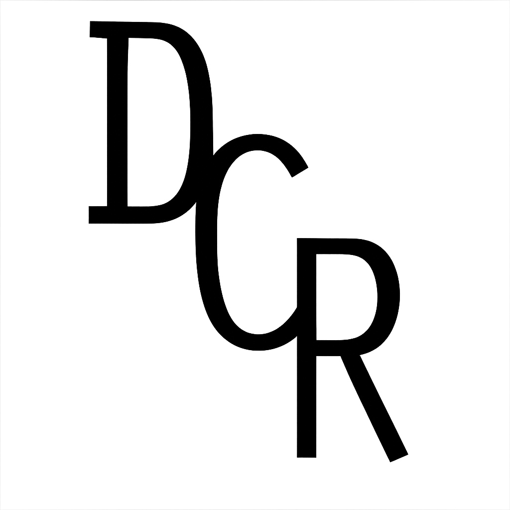 Stylized black letters &ldquo;DGR&rdquo; overlapping on a white background