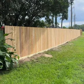 Freshly built wooden fence along a grassy roadside beside trees and utility poles.