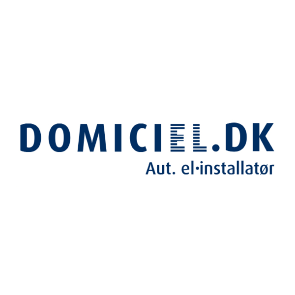 Et blåt og hvidt logo for en virksomhed, der hedder domiciel.dk