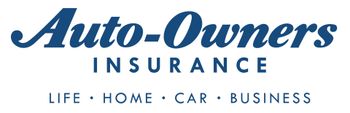 The Auto-Owners Insurance logo in dark blue text, listing services including Life, Home, Car, and Business.