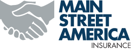 Logo for Main Street America Insurance featuring a gray handshake icon next to the blue text