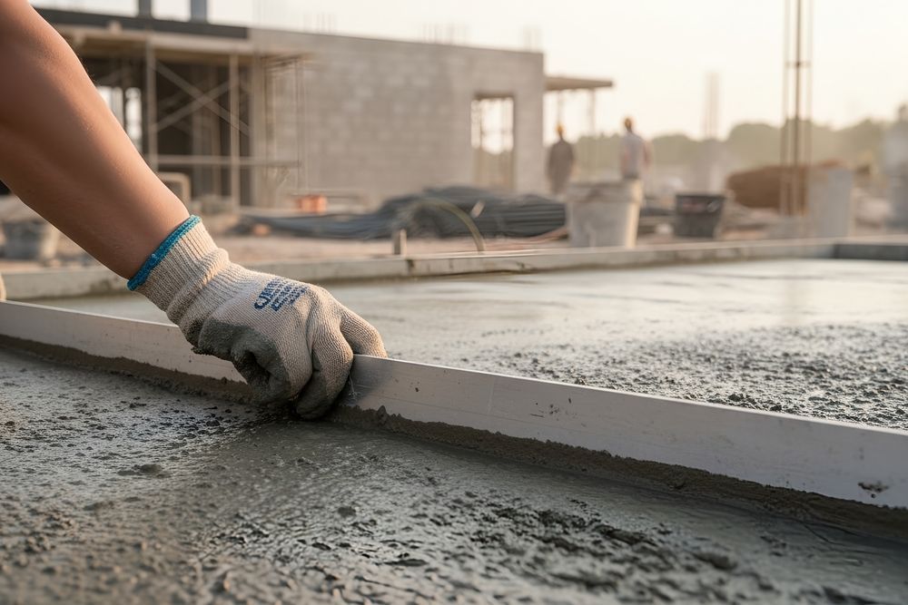 Person leveling wet concrete with a straightedge at a construction site.