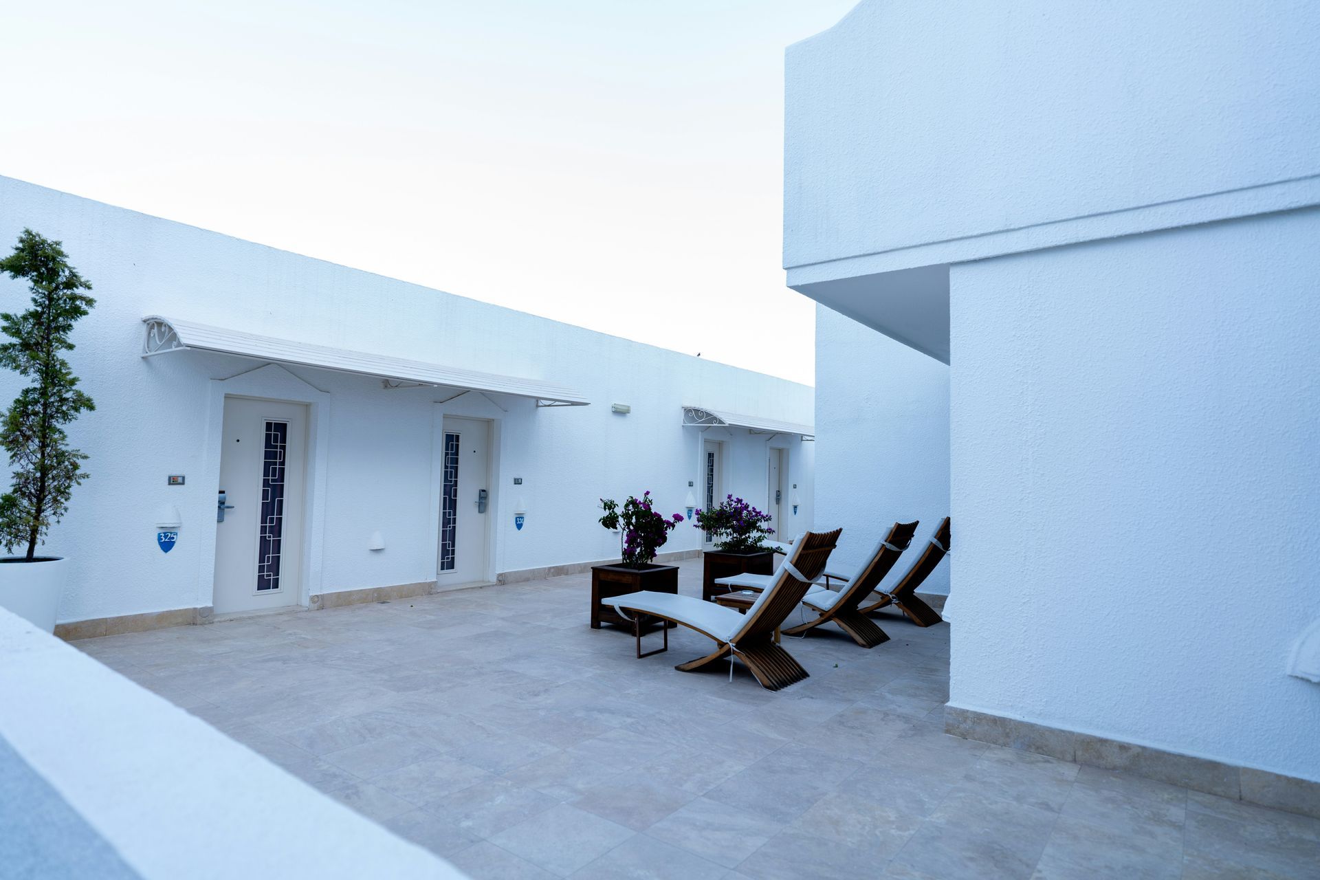 White modern patio with lounge chairs and potted plants beside a minimalist building