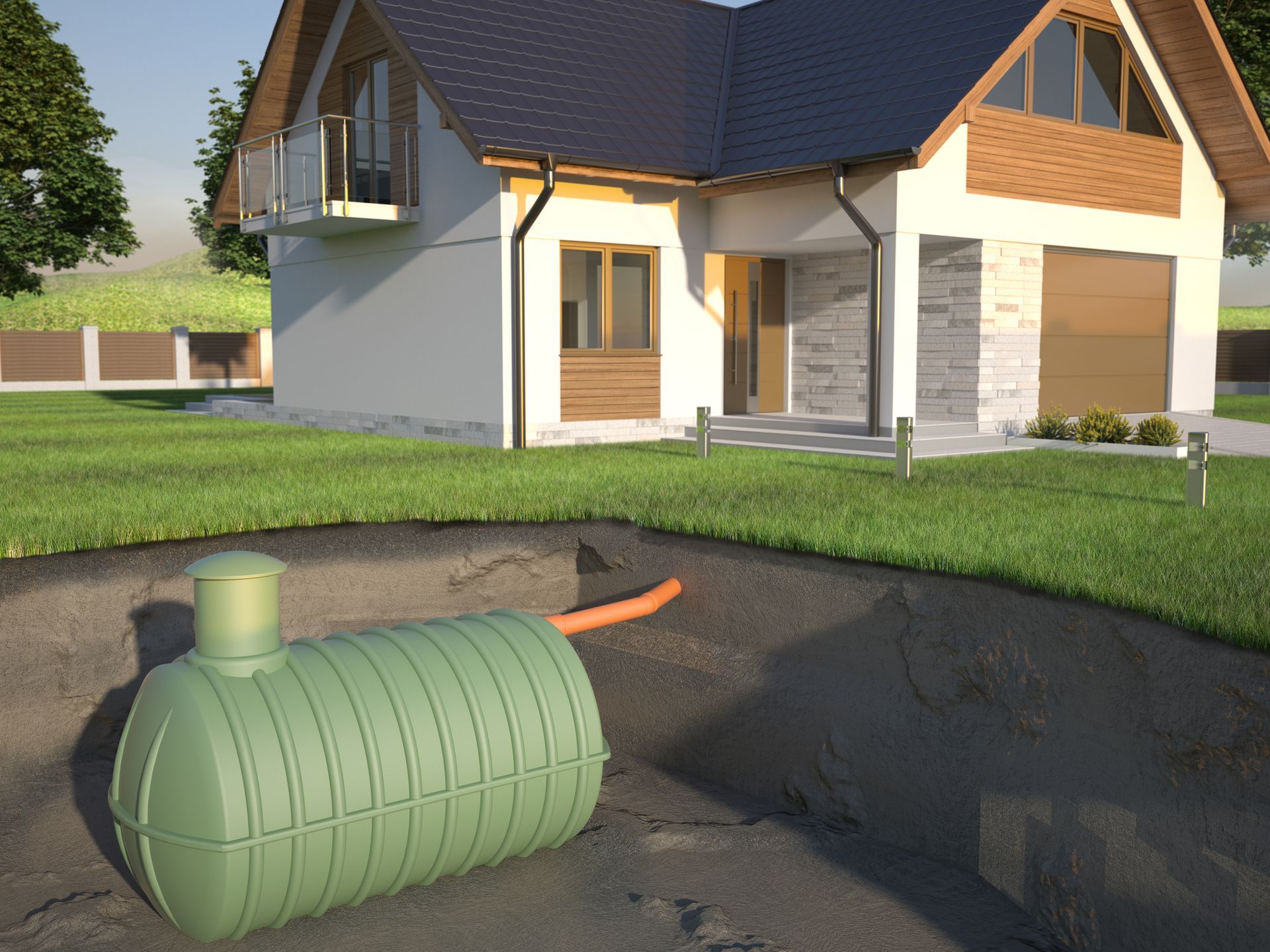 A man is cleaning a septic tank with a green hose.