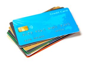 Pile of colorful credit cards.