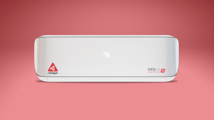 White air conditioner unit on a red background, with temperature displayed.