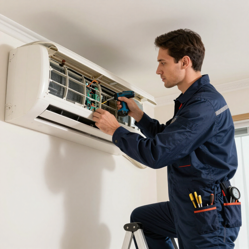 Técnico reparando un aire acondicionado de pared con herramientas sobre un taburete.