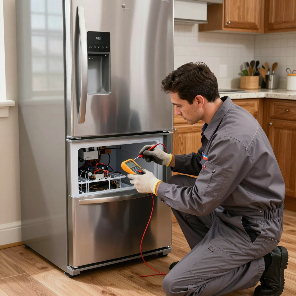 Un técnico, arrodillado junto a un frigorífico abierto de acero inoxidable, utiliza un multímetro para repararlo en una cocina.