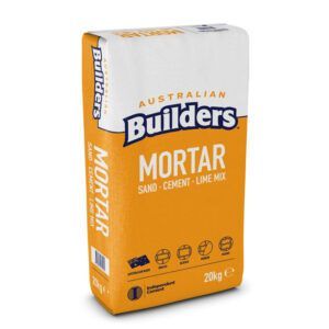 Bag of Builders Australian Mortar sand, cement, lime mix. Orange and white packaging, 20kg. — Wodonga Sand & Soil in Wodonga, VIC