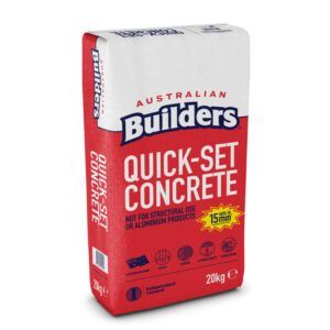 Bag of Australian Builders Quick-Set Concrete, white and red packaging, 20kg, sets in 15 minutes. — Wodonga Sand & Soil in Wodonga, VIC
