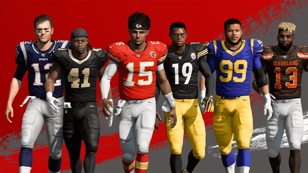 Six football players in various NFL jerseys walk forward against a red and gray background.