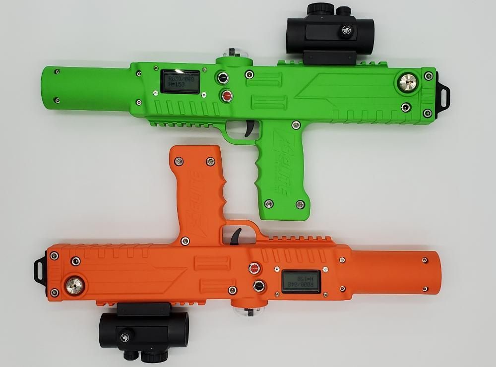 Two bright green and orange toy laser tag blasters with mounted optical sights, arranged in a mirrored layout on white.