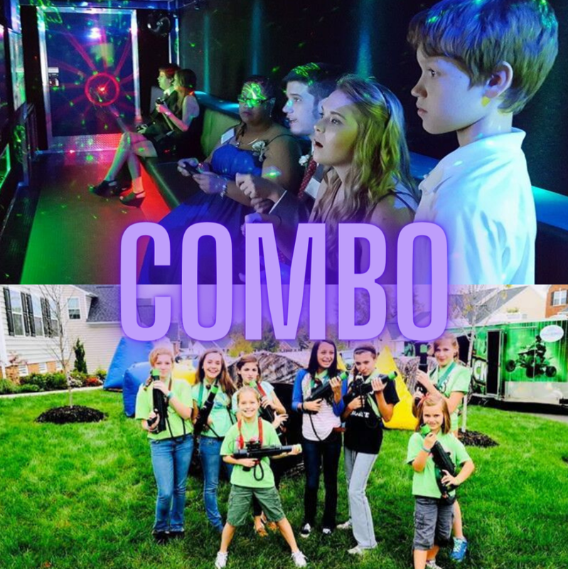A split image showing a group inside a gaming truck and a group outside holding laser tag equipment on a grassy lawn.